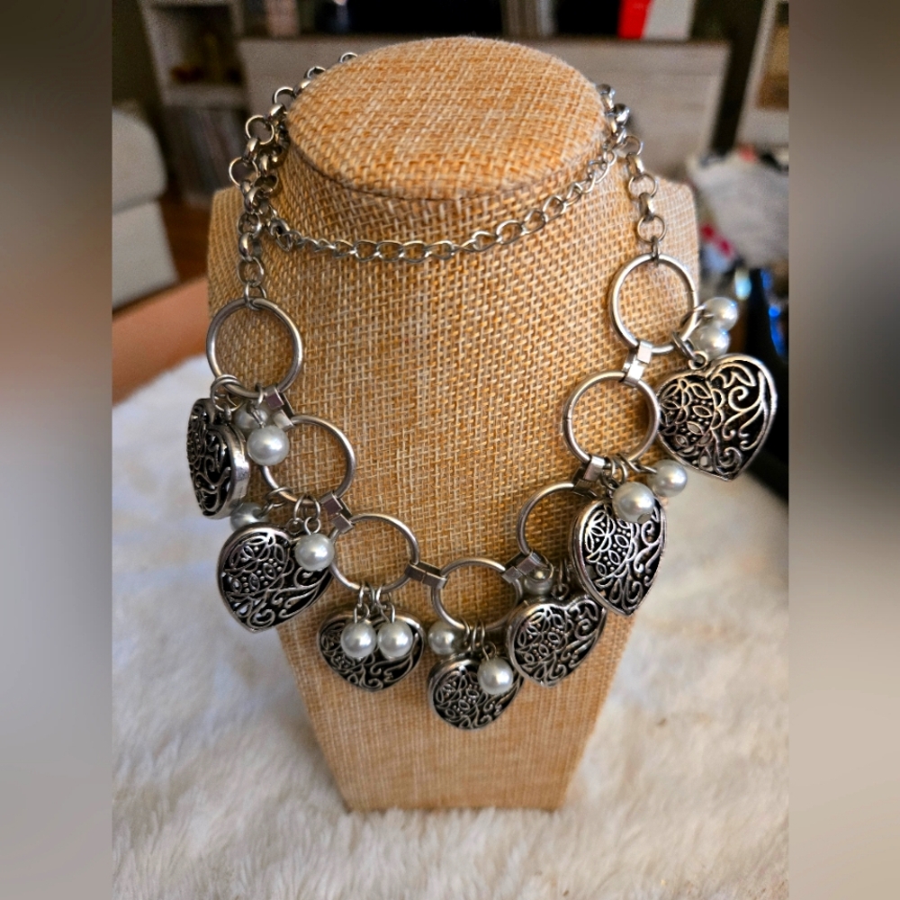 **3/$10** Charming Silver Heart Necklace with Pearls